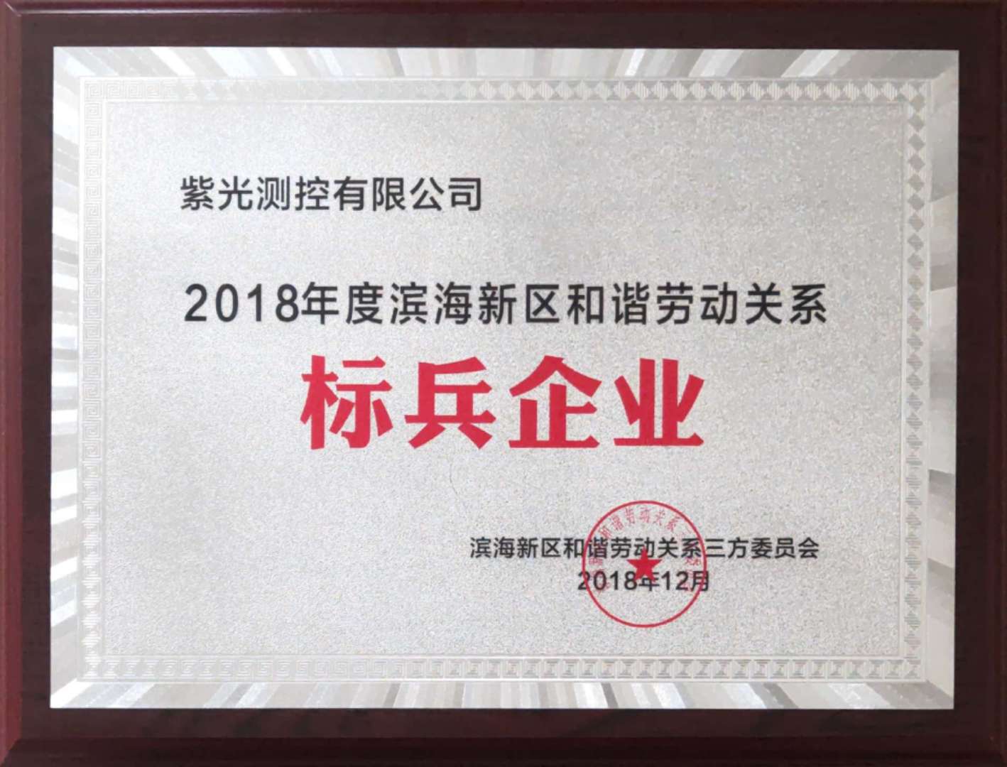 紫光測(cè)控有限公司被評(píng)為“2018年度濱海新區(qū)和諧勞動(dòng)關(guān)系標(biāo)兵企業(yè)”